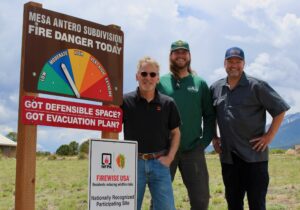 Tom Sullivan, left, a member of the Mesa Antero Property Owners Association Board of Directors and the Fire Prevention Group, is pictured with Forester Josh Kuehn, with the Colorado State Forest Service, and Wildfire Mitigation Coordinator Jeff Zechman, with the Chaffee County Fire Protection District.